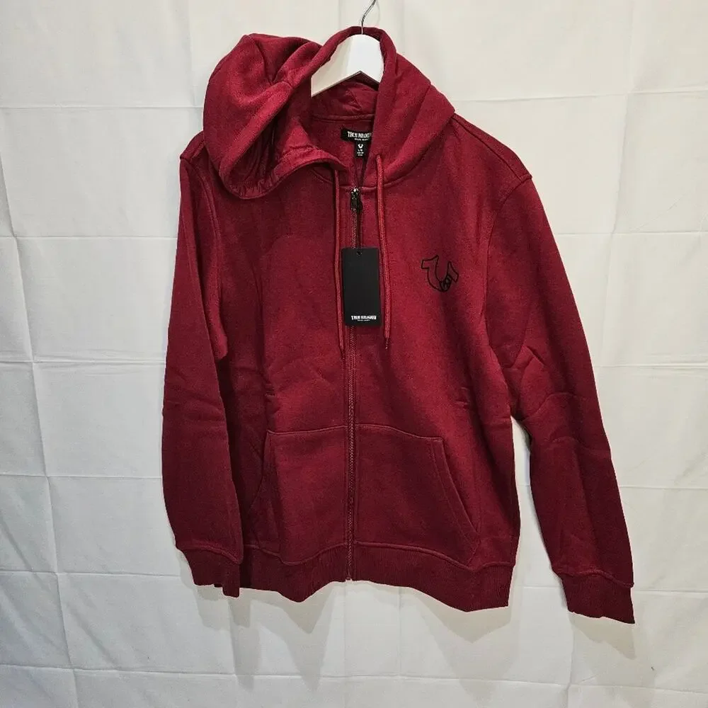 True Religion Hoodie Red Dahlia Multi Logo Zip Up Large